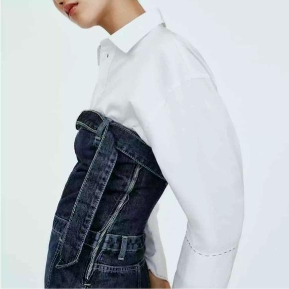 Zara STRAPLESS TRF DENIM JUMPSUIT. Navy Blue. Size M. New with Tags. - Picture 6 of 14